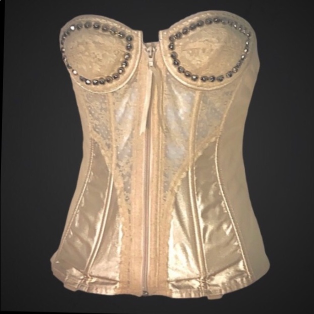 *MUST BUNDLE FOR 5+ ITEMS*VTG ZIP FRONT V-BACK CORSET BONED STUDS GARTER HOOKS
